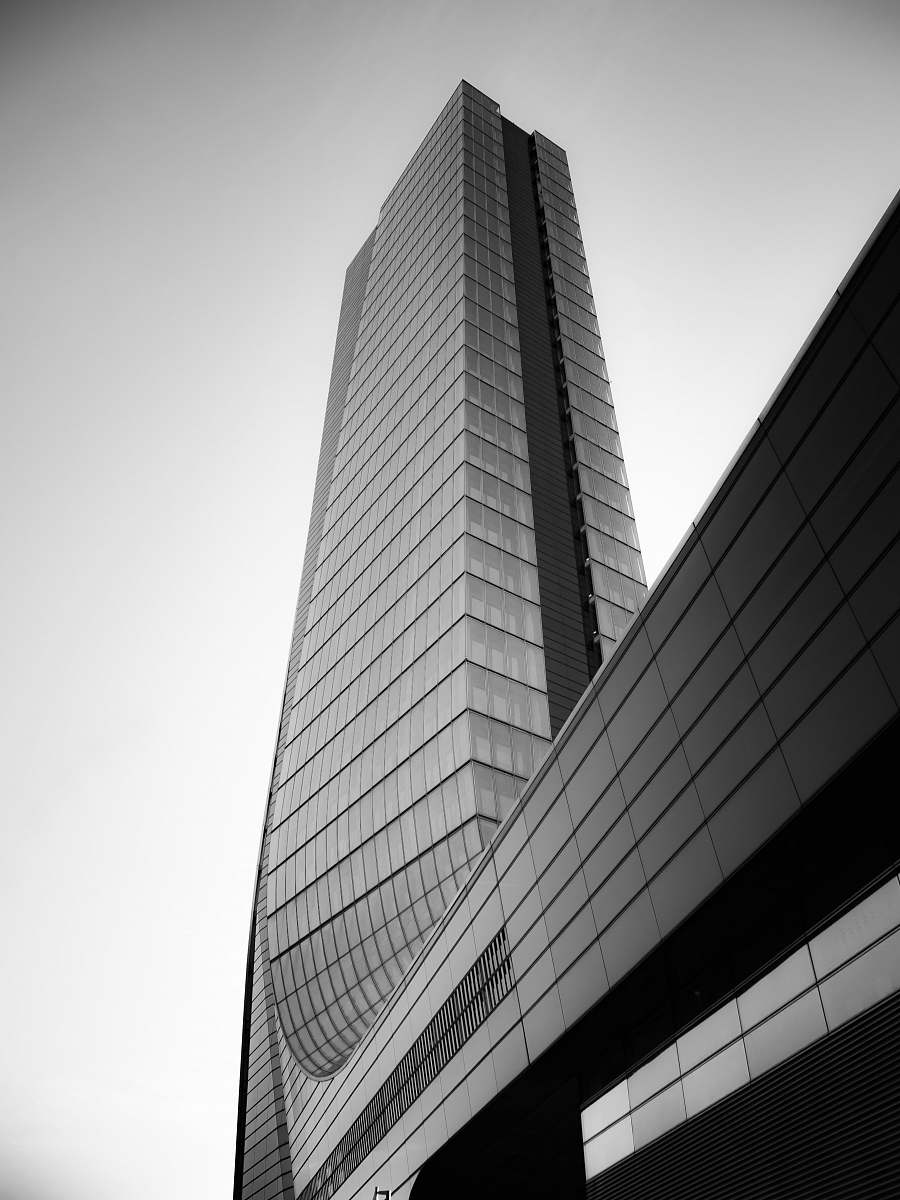 office building gray painted building black-and-white